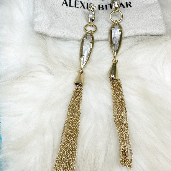 Alexis Bittar Gold Crystal Long Tassel Earrings Post Gold Plate NWOT 4 1/2" - Picture 5 of 10